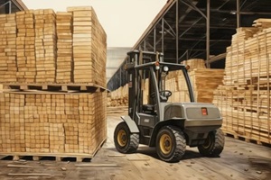 forklift loading fire-treated wood into a kiln. Wood drying in containers